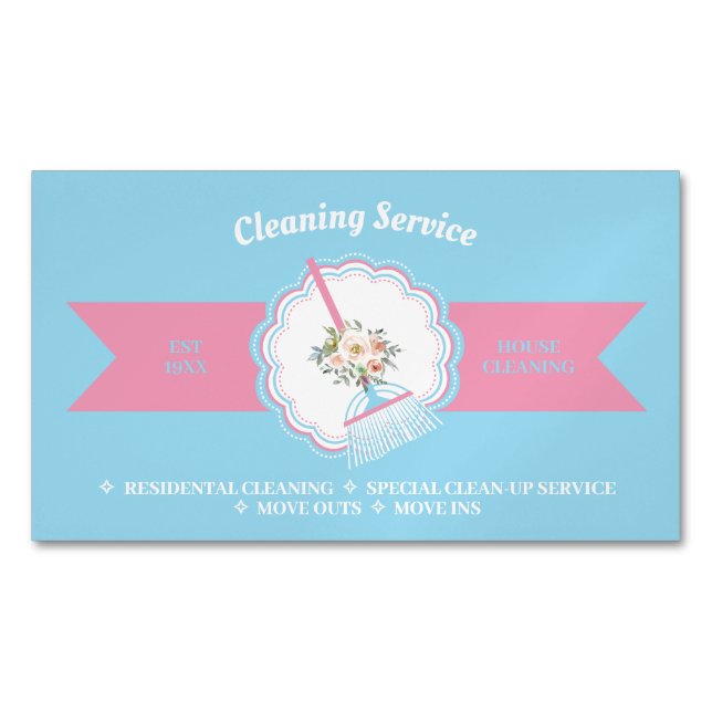 Pink Blue Janitorial Housekeeping Reinigung Magnetische Visitenkarte (Vorderseite)