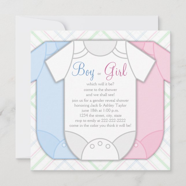 Pink Blue Kariert Gender Reveal Baby Shower Einladung (Vorderseite)