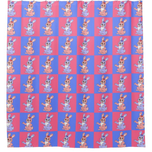 Pink Blue Kawaii Niedlich Checkered Bunny Rabbit Duschvorhang (Vorderseite)