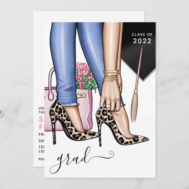 Pink & Blue Leopard Fashion Girl Graduation Party Einladung (Vorne/Hinten)