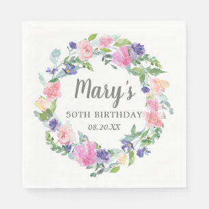Pink Blue Lila Floral 50. Geburtstag Serviette