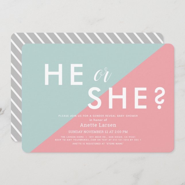 Pink & Blue Modern Gender Reveal Baby Shower Einladung (Vorne/Hinten)