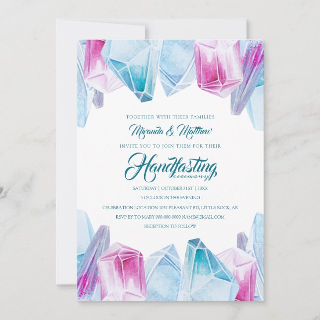 Pink & Blue Mystic Crystal Gems Handfasting Einladung (Vorderseite)