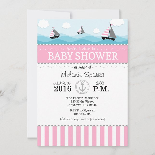 Pink Blue Nautical Baby Dusche Einladung (Vorderseite)