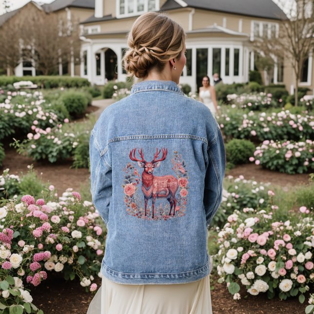 Pink Blue Nordic Boho Reindeer Floral Jeansjacke (Hochzeit Rückseite)