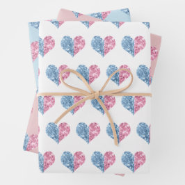 Pink Blue Ombre Glitzer Hearts Baby Gender Reveal Geschenkpapier Set