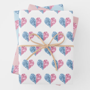 Pink Blue Ombre Glitzer Hearts Baby Gender Reveal Geschenkpapier Set