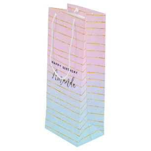 Pink Blue Ombre mit Gold Lines Geburtstag Geschenktüte Für Weinflaschen