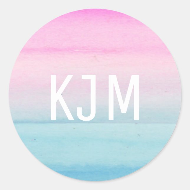 Pink Blue Ombre | Monogramm Runder Aufkleber (Vorderseite)