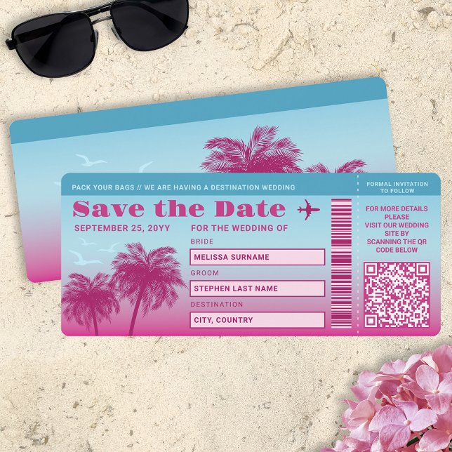 Pink Blue Palms Imitats Boarding Pass Save the Dat Einladung (Von Creator hochgeladen)