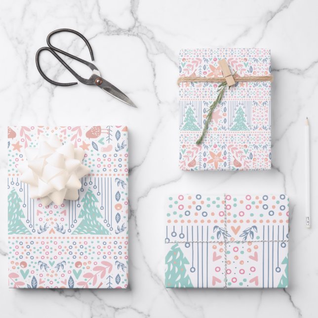 Pink Blue Pastel Christmas Tree Retro Geschenkpapier Set (Vorderseite)