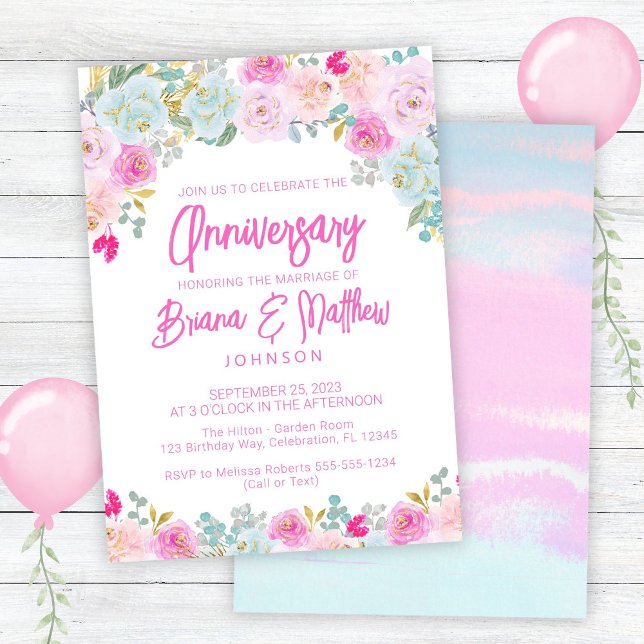 Pink Blue Peach Floral Hochzeitstag Einladung (Von Creator hochgeladen)