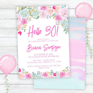 Pink Blue Peach Lila Floral 30. Geburtstag Party Einladung