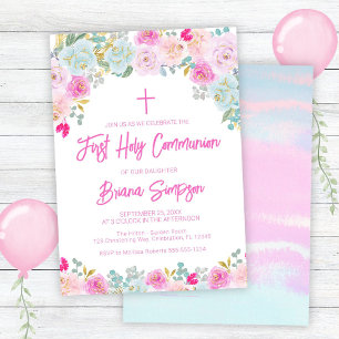 Pink Blue Peach Lila Floral Erste Heilige Kommune Einladung