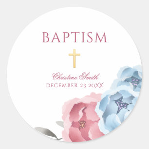 Pink Blue Peony Floral Junge Taufe Runder Aufkleber
