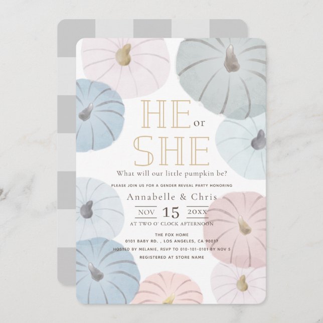 Pink & Blue Pumpkin Gender Offenlegung Einladung (Vorne/Hinten)