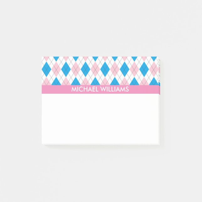 Pink & Blue Raute Muster mit rosa Streifen Post-it Klebezettel (Vorderseite)