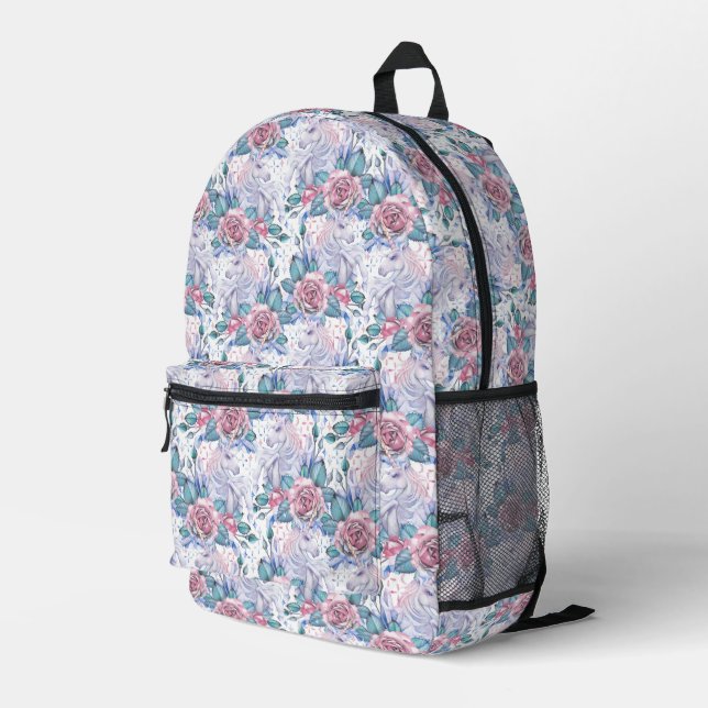 Pink & Blue Rose Muster Bedruckter Rucksack (Rückseitige Ecke Rechts)