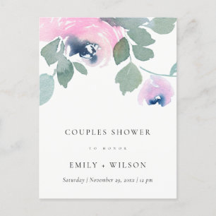 PINK BLUE ROSE WATERCOLOR FLORAL COUPLES DUSCHE EINLADUNGSPOSTKARTE