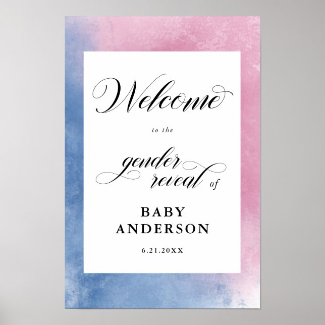 Pink & Blue Script Gender Reveal Willkommen Poster (Vorne)