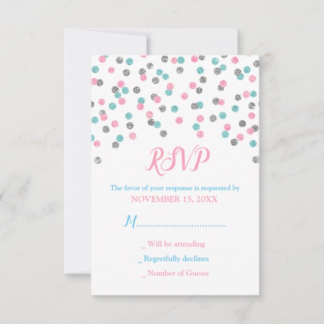Pink Blue Silver Confetti Baby Dusche RSVP Karten (Vorderseite)