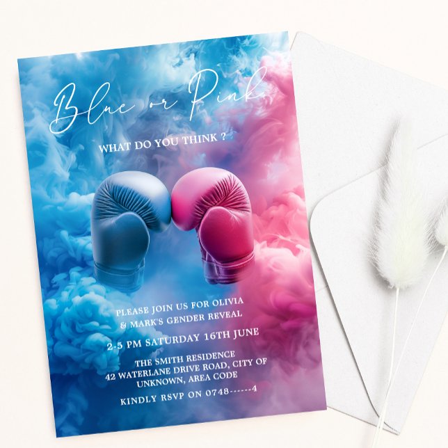 Pink Blue Smoke Boxing Glove Sport Gender Reveal Einladung (Von Creator hochgeladen)