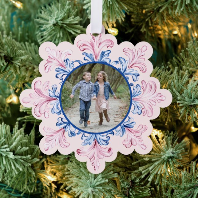 Pink & Blue Snowflake Foto Ornament Karte (Insitu (Baum))