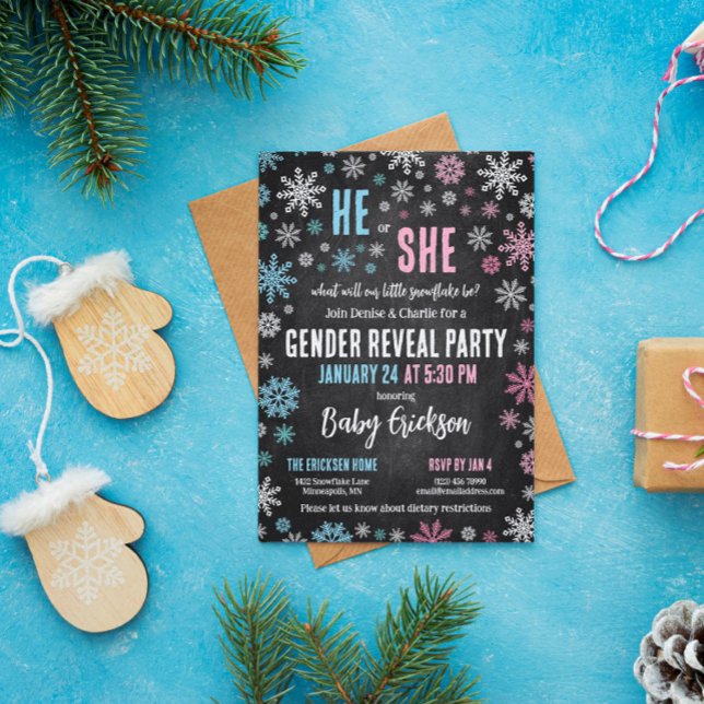 Pink Blue Snowflake He or She Winter Gender Reveal Einladung (Von Creator hochgeladen)