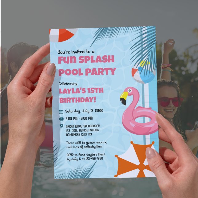 Pink & Blue Splash Pool Party Birthday Invitation Einladung (Pink & Blue Splash Pool Party Birthday Invitation)