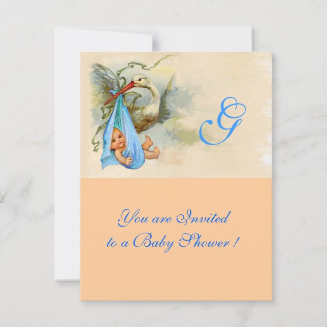 PINK BLUE STORK BABY BOY SHOWER MONOGRAM EINLADUNG (Vorderseite)