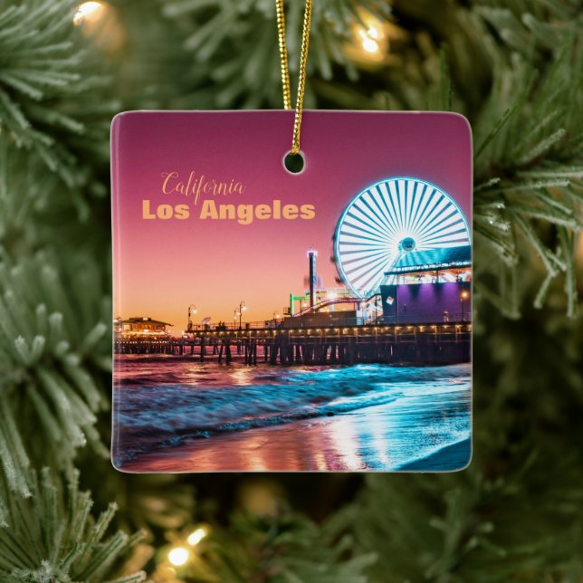 Pink & Blue Sunset Santa Monica Pier Los Angeles Keramikornament (Baum)