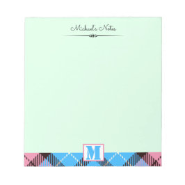 Pink Blue Tartan Personalisierter Script Monogram Notizblock