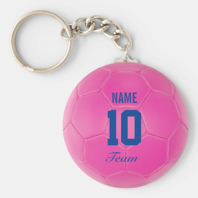 Pink Blue Team Soccer Ball Personalisierter Name Schlüsselanhänger (Vorne)