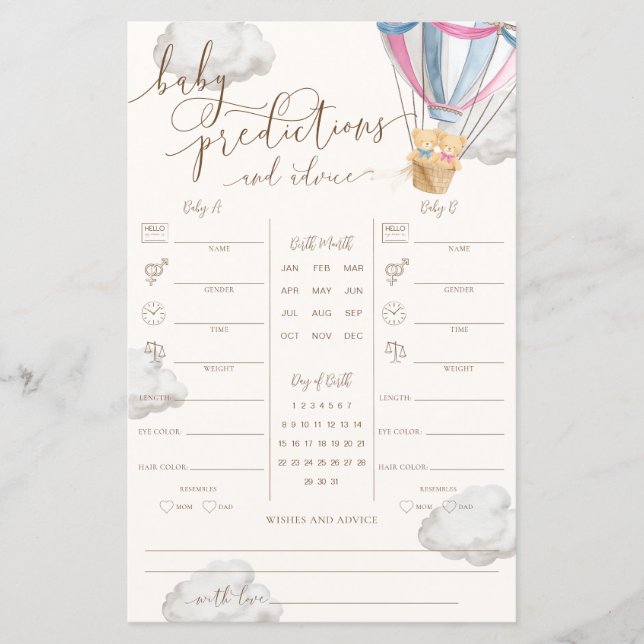 Pink Blue Teddy Bear Twins Baby Predictions Game (Vorderseite)
