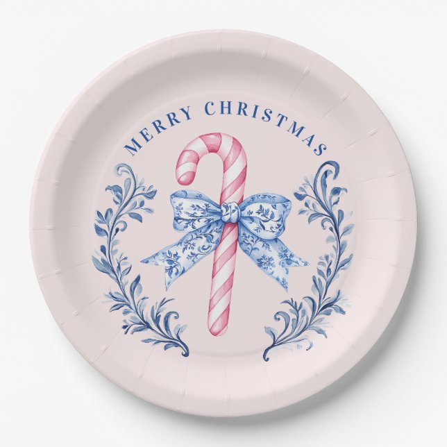 Pink & Blue Toile Wappen Candy Cane Pappteller (Vorderseite)