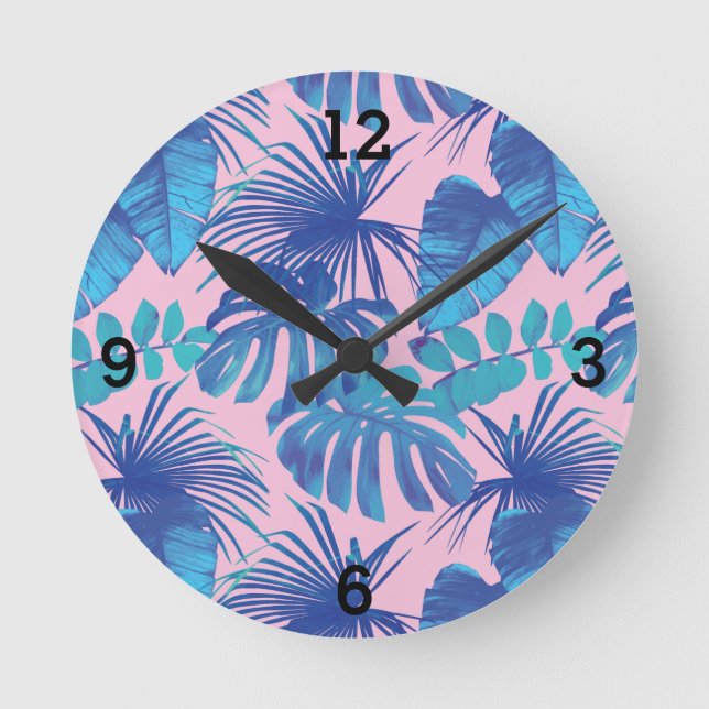 Pink Blue Tropical Palm Leaf Runde Wanduhr (Vorderseite)