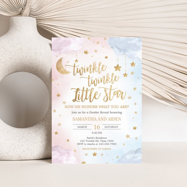 Pink Blue Twinkle Little Star Gender Reveal Einladung (Twinkle Little Star Gender Reveal Invitation)