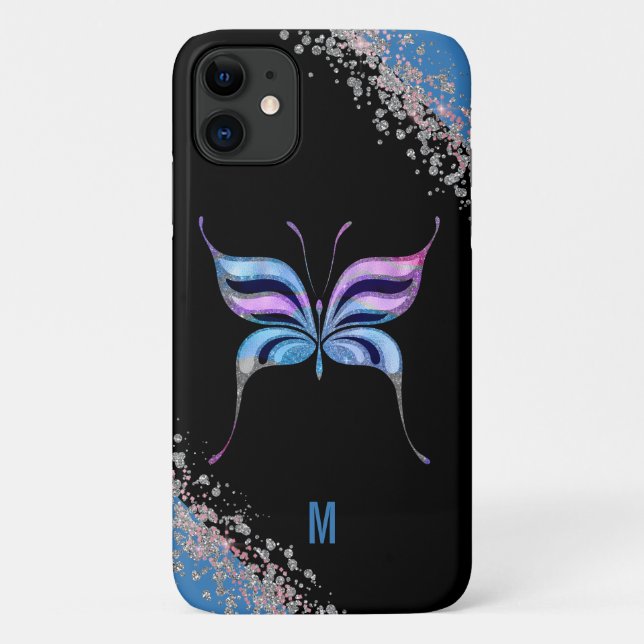 Pink Blue und Silver Glitterfly Monogramm Case-Mate iPhone Hülle (Rückseite)
