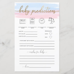 Pink Blue Watercolor Baby Predictions Game