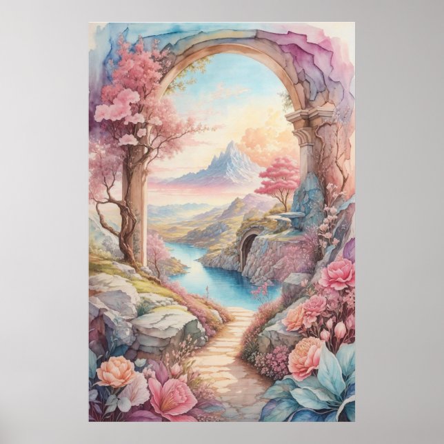 Pink Blue Watercolor Fantasy Landschaft Poster (Vorne)