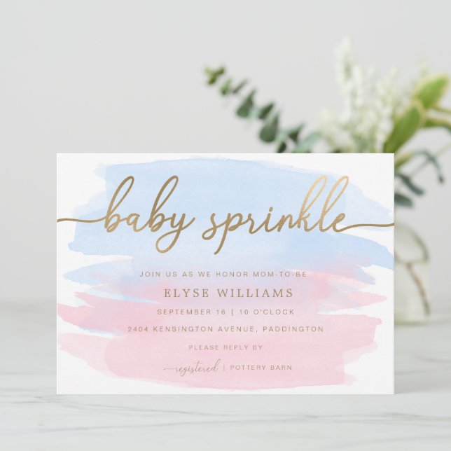 Pink Blue Watercolor Gold Baby Sprinkle Einladung (Stehend Vorderseite)