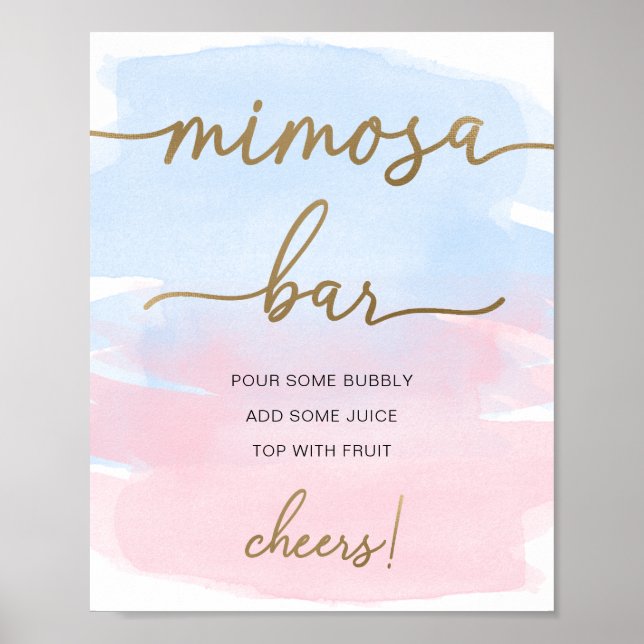 Pink Blue Watercolor Gold Mimosa Bar Sign Poster (Vorne)