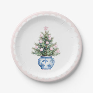 Pink & Blue Weihnachtsbaum W Scallop Border Pappteller