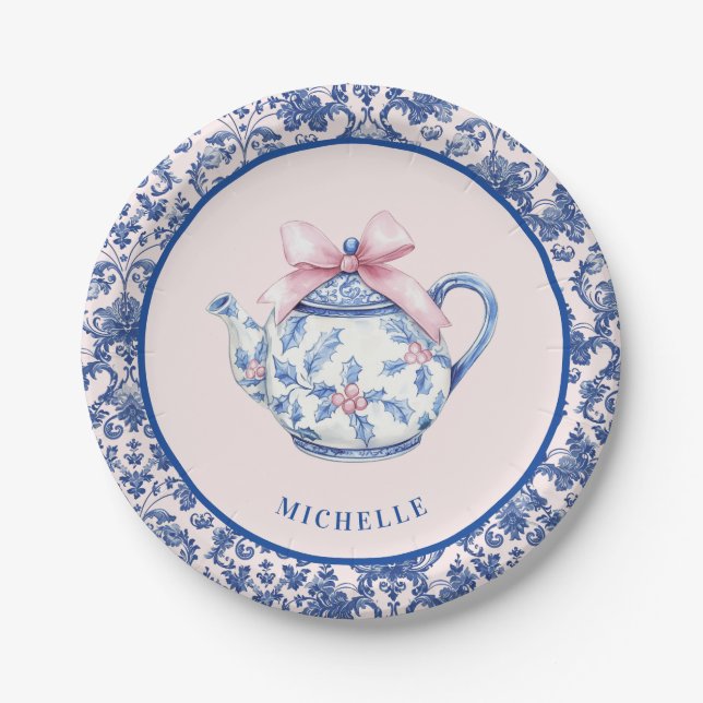 Pink & Blue Weihnachtsbegleiter W/ Damask Border Pappteller (Vorderseite)