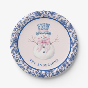 Pink & Blue Weihnachtsschneemann W/ Damask Border Pappteller