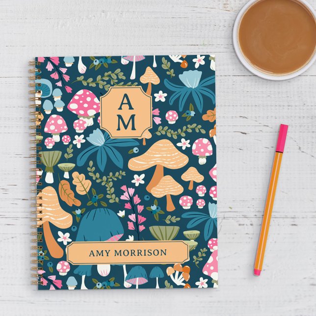 Pink Blue Whimsical Mushroom Pattern Monogram Notizbuch (Von Creator hochgeladen)