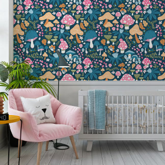 Pink Blue Whimsical Mushroom Pattern Nursery Tapete