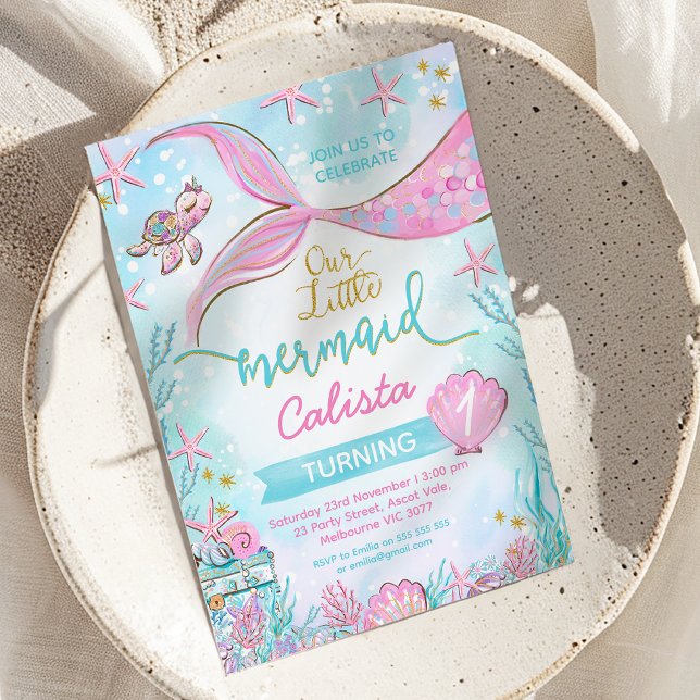 Pink Blue Whimsical Unsere kleine Meerjungfrau Geb Einladung (Our Little Mermaid 1st Birthday Invitation, Editable Mermaid Birthday Party Invitation Instant)