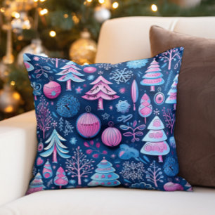 Pink Blue Whimsical Weihnachtsbaumen Kissen