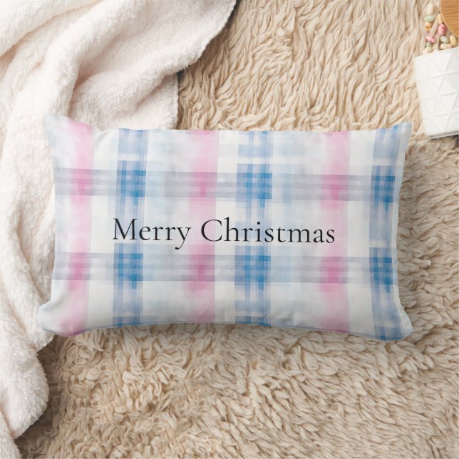 Pink Blue White Plaid Stripes Christmas Lendenkissen (Decke)